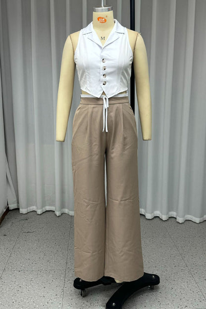 Lace Up Buttons Turndown Collar Sleeveless Two Pieces