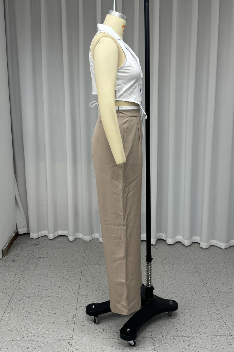 Lace Up Buttons Turndown Collar Sleeveless Two Pieces