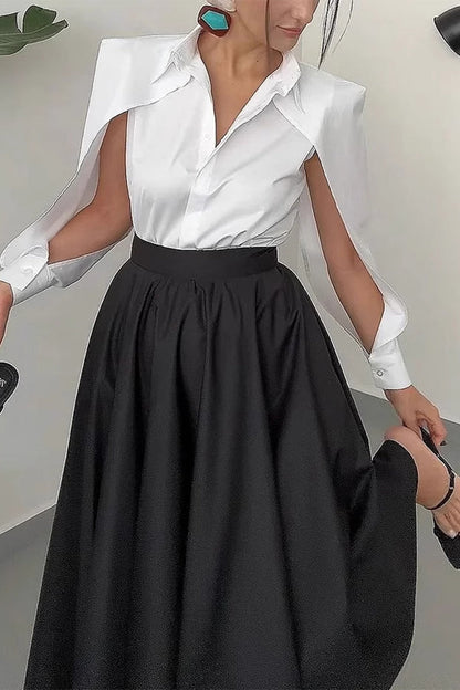 Patchwork Turndown Collar Long Sleeve Two Pieces