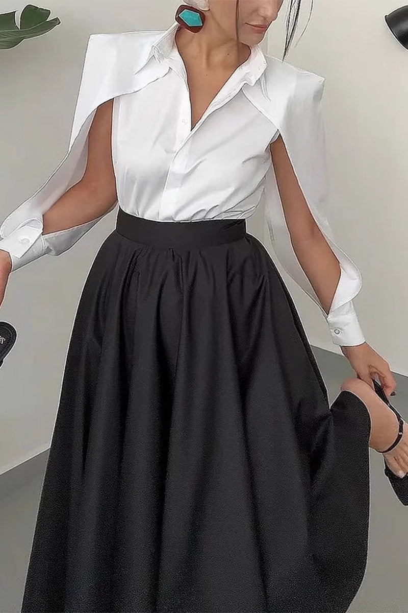 Patchwork Turndown Collar Long Sleeve Two Pieces