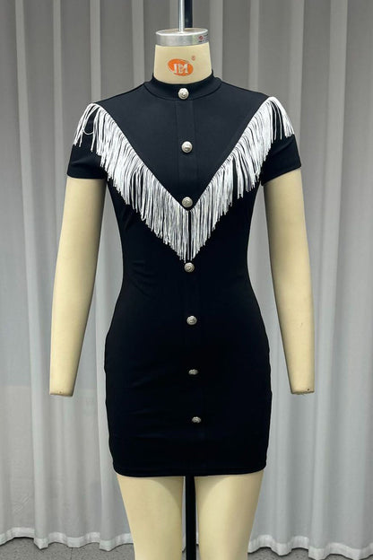Buttons Tassel Half a Turtleneck Wrapped Skirt Dresses