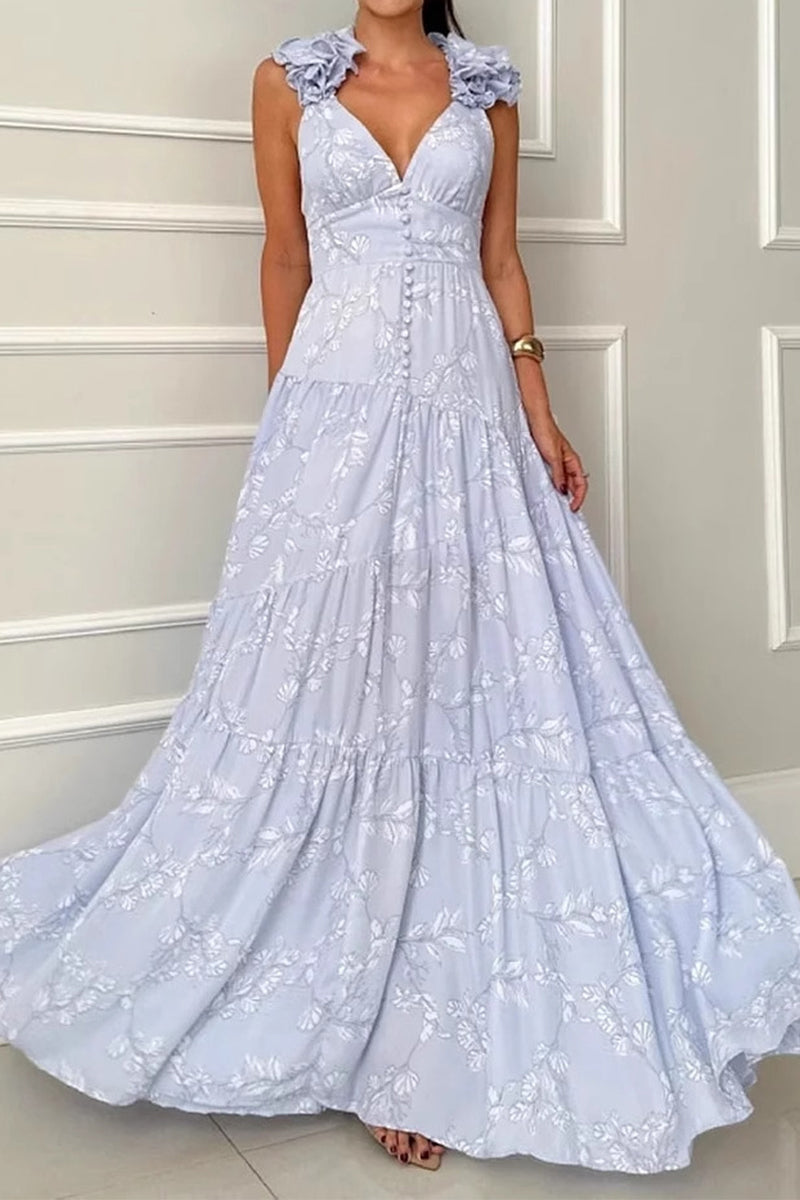 Flowers Backless Strap Design V Neck Long Dresses