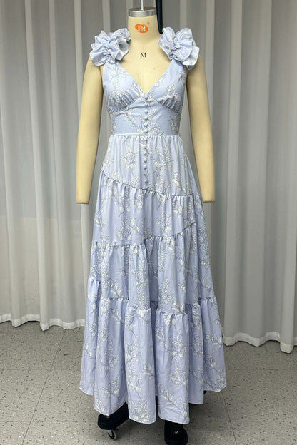 Flowers Backless Strap Design V Neck Long Dresses