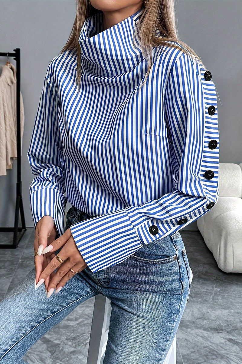 Stripe Buttons Turtleneck Blouses