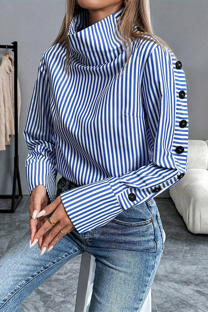 Stripe Buttons Turtleneck Blouses