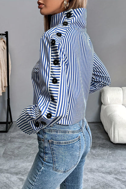 Stripe Buttons Turtleneck Blouses