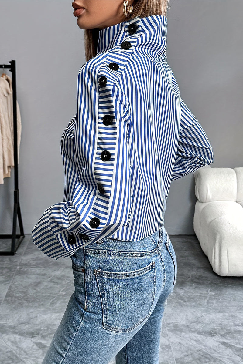Stripe Buttons Turtleneck Blouses