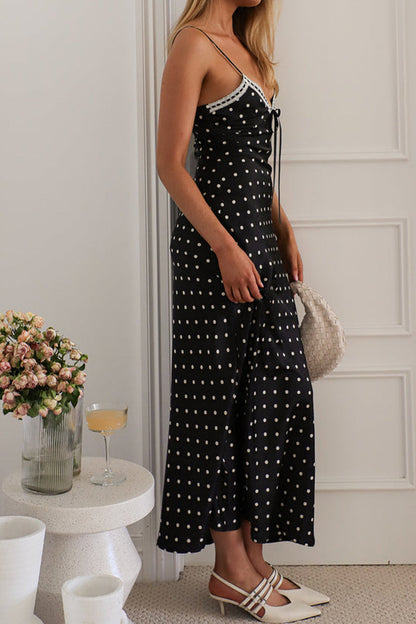 Polka Dot Patchwork Contrast V Neck Long Dresses