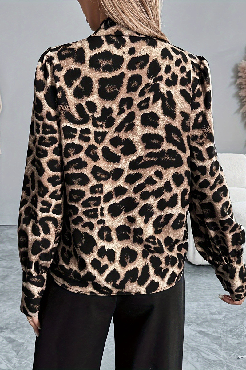 Leopard Patchwork Turndown Collar Blouses