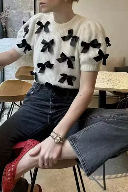 Bow Patchwork Contrast O Neck Sweaters