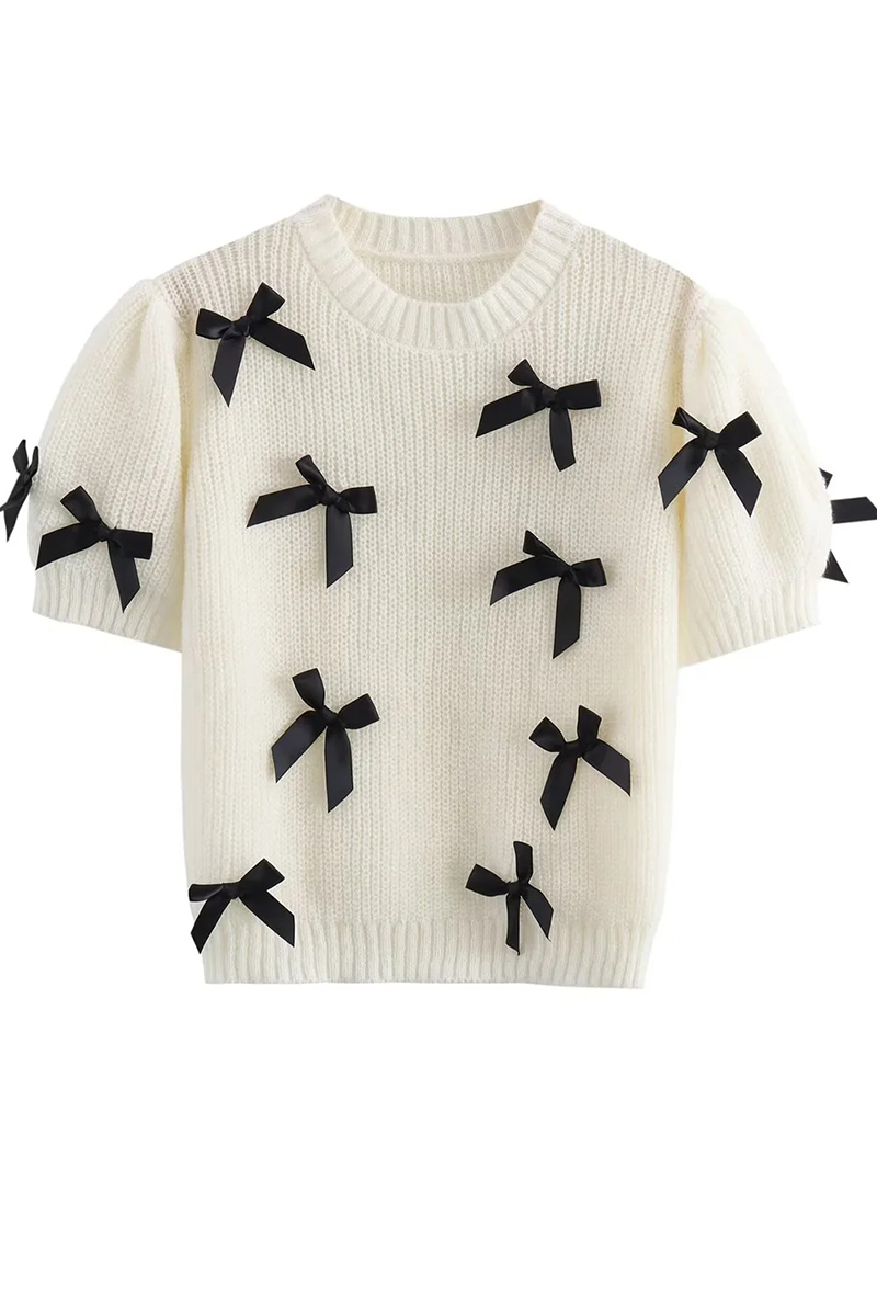 Bow Patchwork Contrast O Neck Sweaters