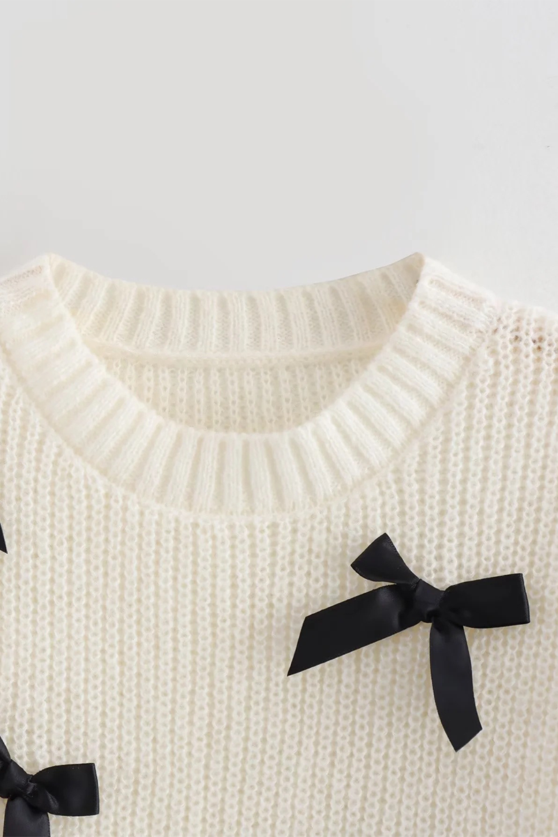 Bow Patchwork Contrast O Neck Sweaters
