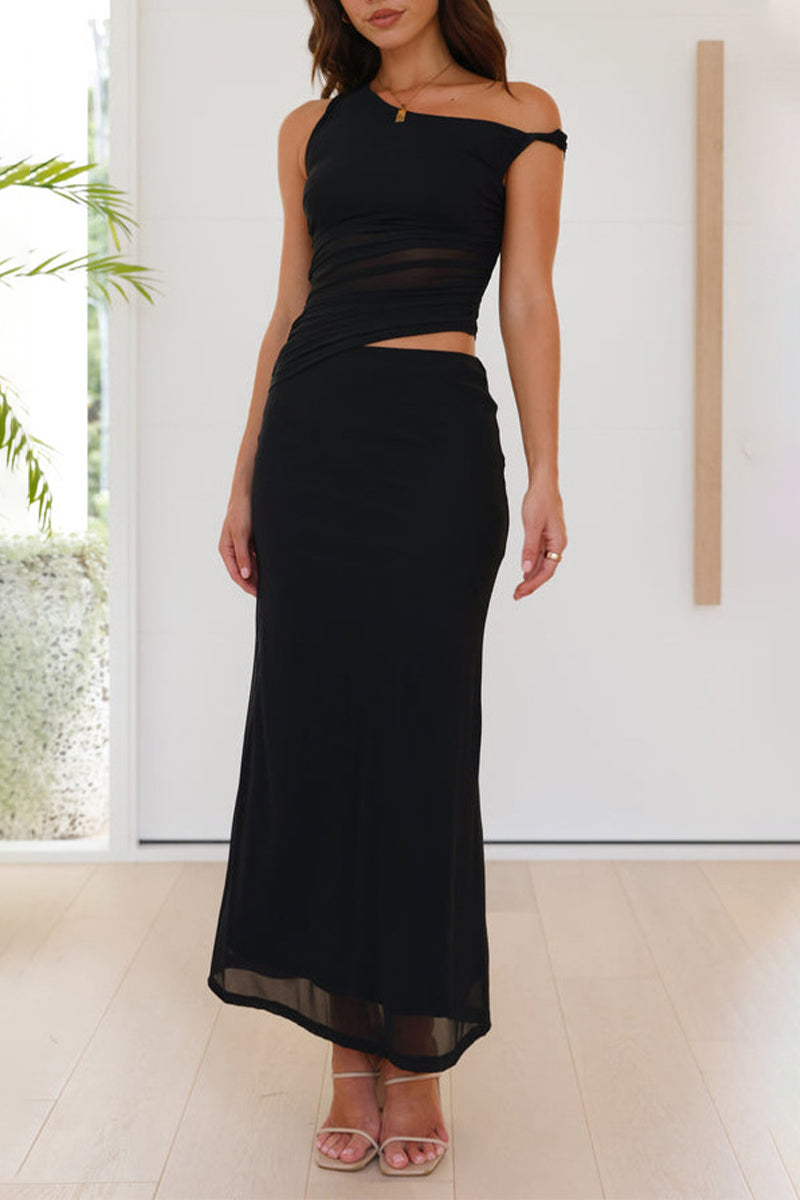 See-through Mesh Oblique Collar One Step Skirt Dresses(4 Colors)