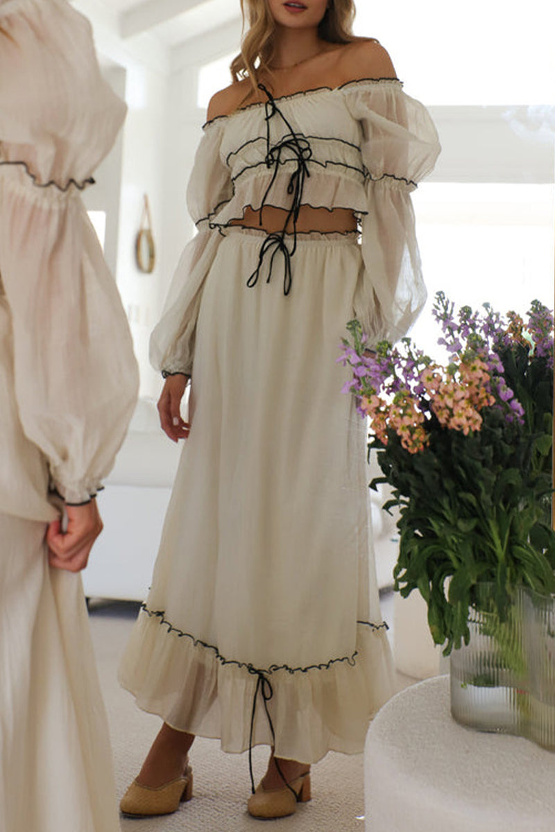 Lace Up Ruffle Contrast Off Shoulder Long Sleeve Two Pieces