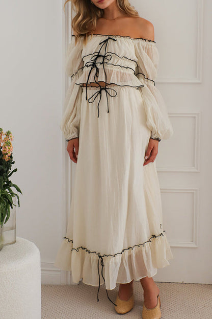 Lace Up Ruffle Contrast Off Shoulder Long Sleeve Two Pieces
