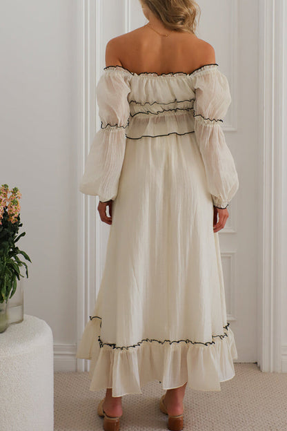 Lace Up Ruffle Contrast Off Shoulder Long Sleeve Two Pieces
