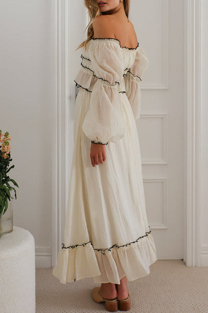 Lace Up Ruffle Contrast Off Shoulder Long Sleeve Two Pieces