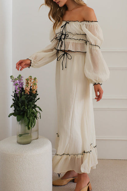 Lace Up Ruffle Contrast Off Shoulder Long Sleeve Two Pieces