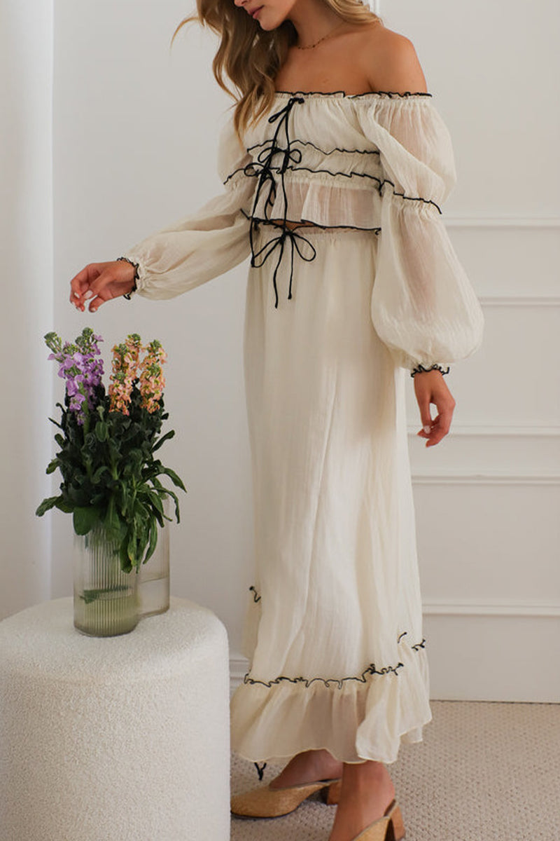Lace Up Ruffle Contrast Off Shoulder Long Sleeve Two Pieces