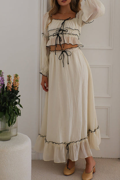 Lace Up Ruffle Contrast Off Shoulder Long Sleeve Two Pieces