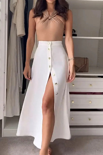 Color Buckle Halter Sleeveless Two Pieces