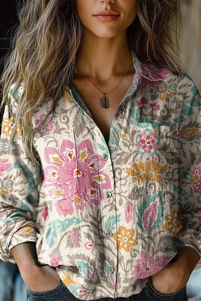 Print Contrast Turndown Collar Blouses(6 Colors)