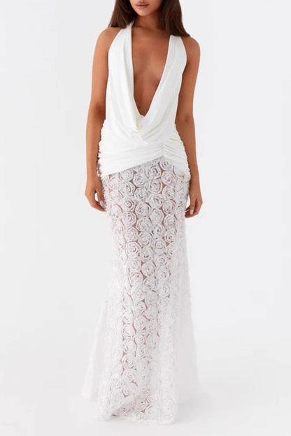 Flowers Lace Up Backless Halter Long Dresses
