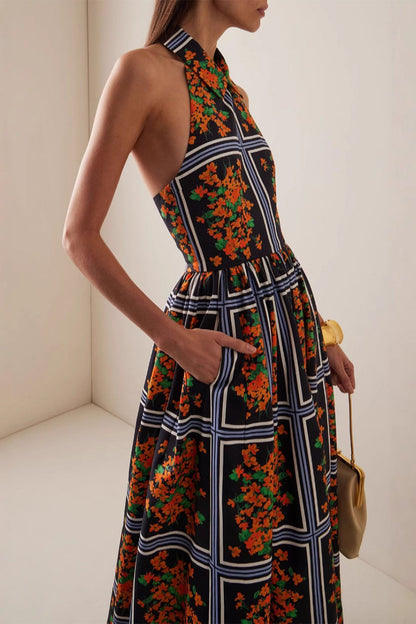 Print Contrast Halter One Step Skirt Dresses