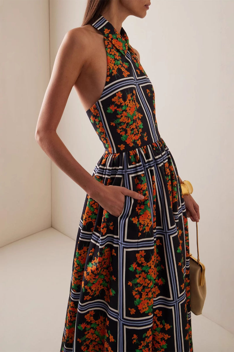 Print Contrast Halter One Step Skirt Dresses
