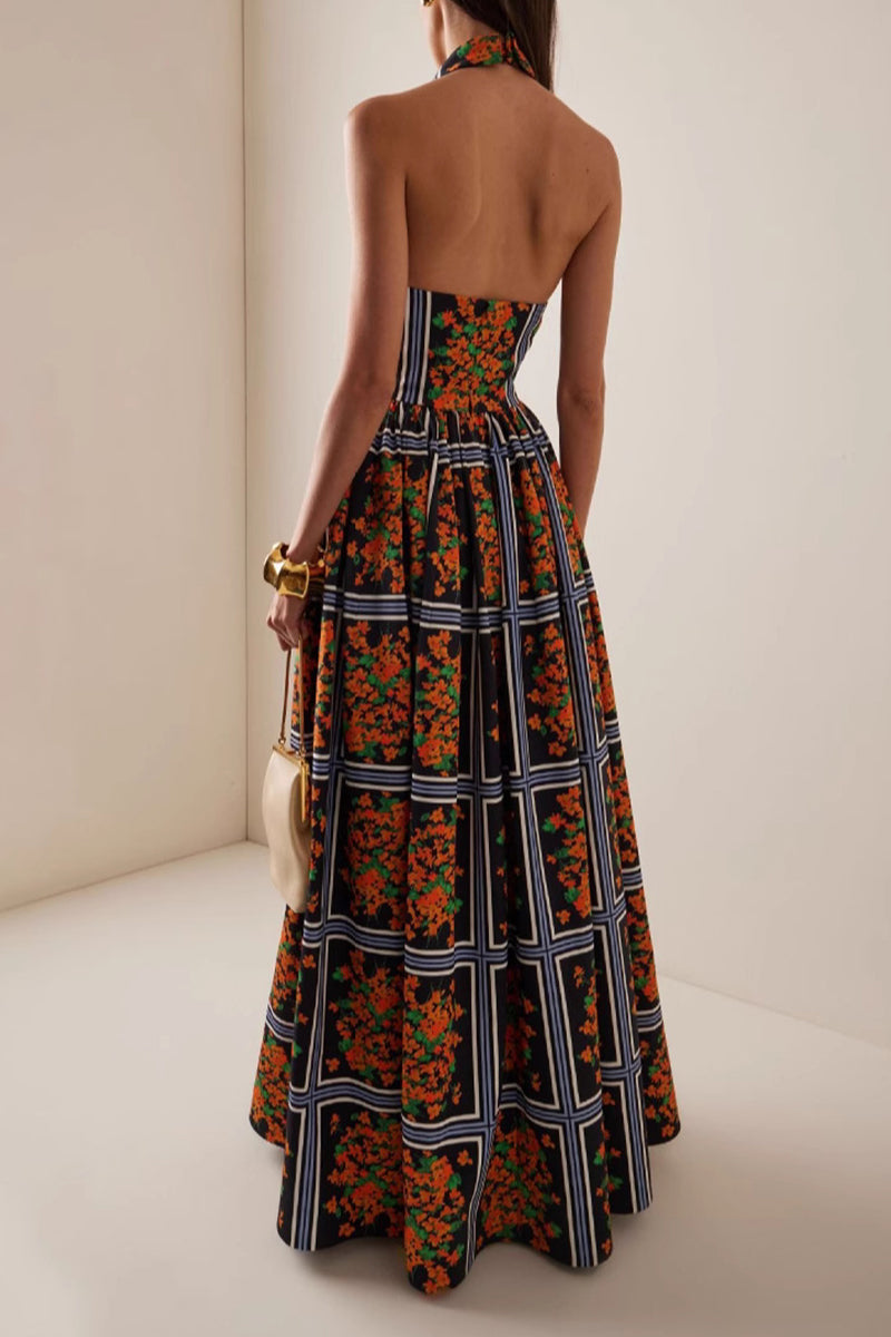 Print Contrast Halter One Step Skirt Dresses