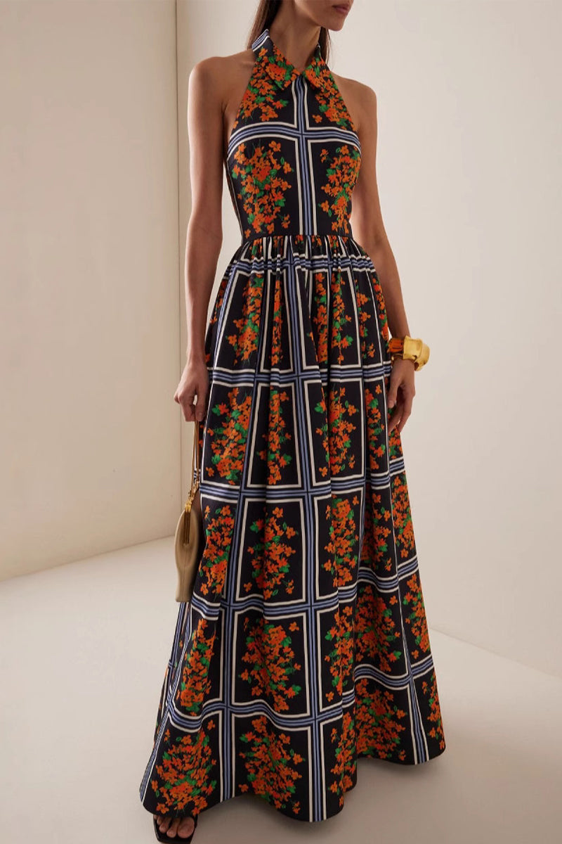 Print Contrast Halter One Step Skirt Dresses