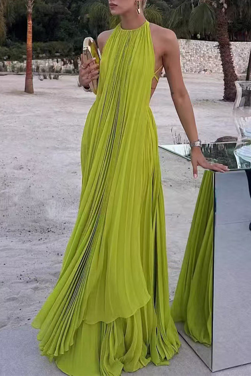 Backless Slit Pleated Halter Sleeveless Two Pieces