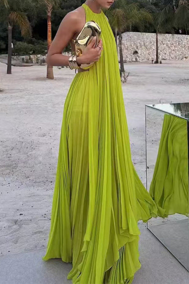 Backless Slit Pleated Halter Sleeveless Two Pieces