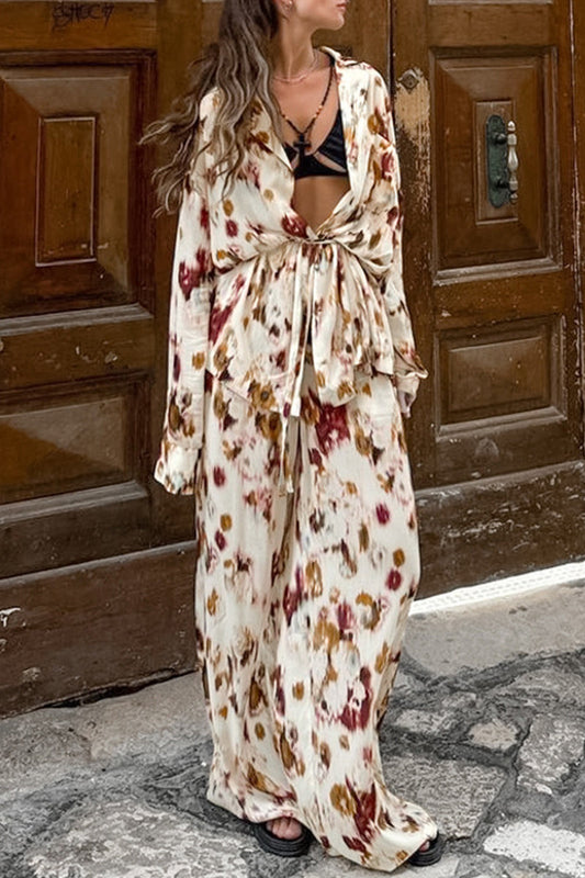 Street Graffiti Print Contrast Turndown Collar Long Sleeve Two Pieces