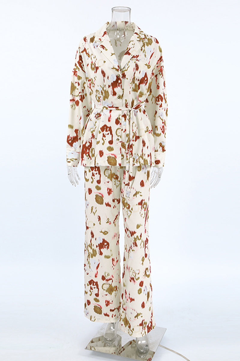 Street Graffiti Print Contrast Turndown Collar Long Sleeve Two Pieces