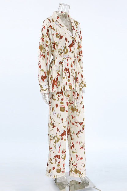 Street Graffiti Print Contrast Turndown Collar Long Sleeve Two Pieces