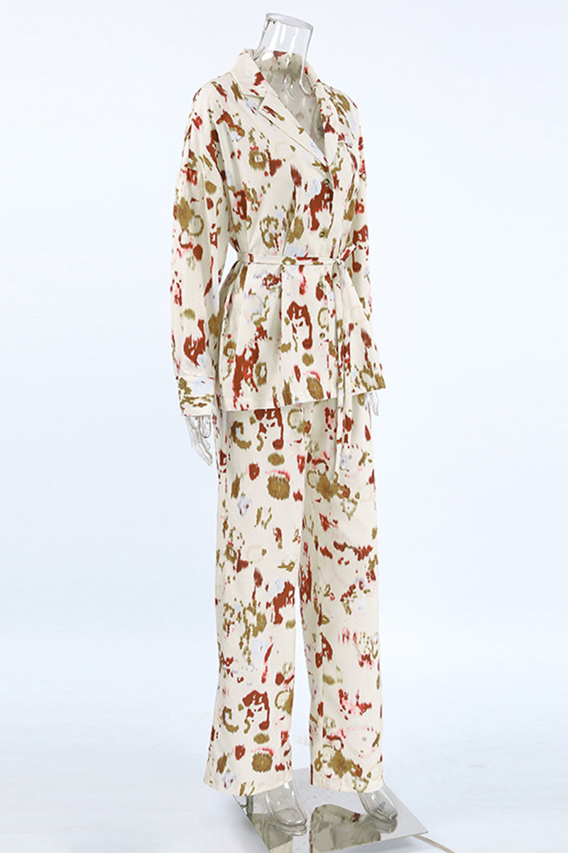Street Graffiti Print Contrast Turndown Collar Long Sleeve Two Pieces