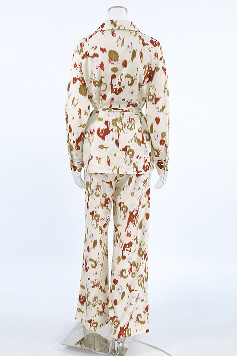 Street Graffiti Print Contrast Turndown Collar Long Sleeve Two Pieces