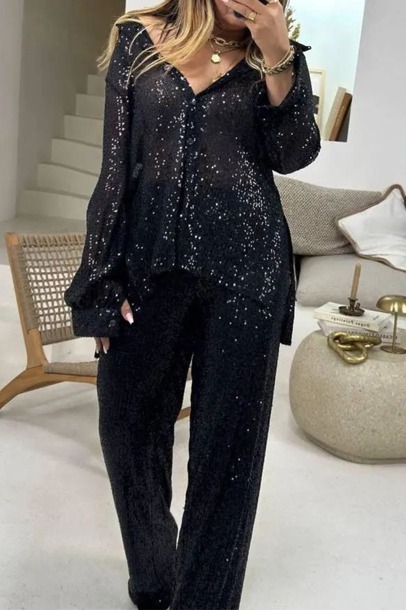 Sequins Sequined Turndown Collar Long Sleeve Two Pieces