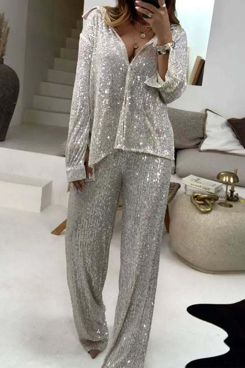Sequins Sequined Turndown Collar Long Sleeve Two Pieces