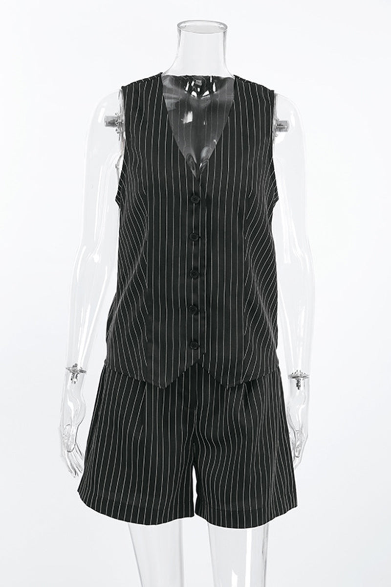 Stripe Pocket Buttons V Neck Sleeveless Two Pieces