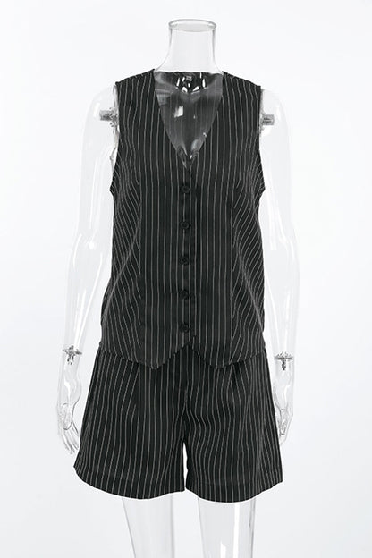 Stripe Pocket Buttons V Neck Sleeveless Two Pieces