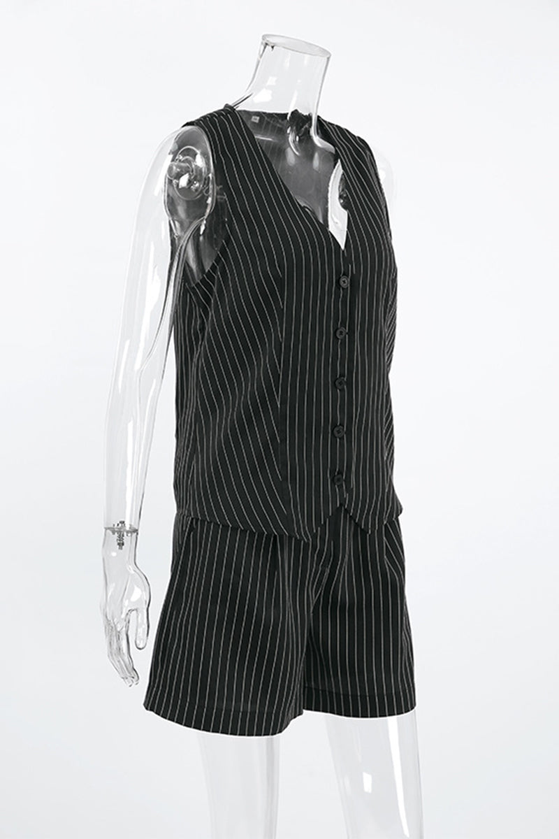 Stripe Pocket Buttons V Neck Sleeveless Two Pieces