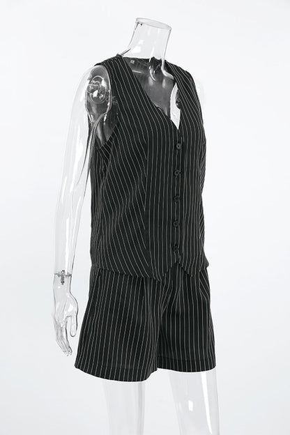 Stripe Pocket Buttons V Neck Sleeveless Two Pieces