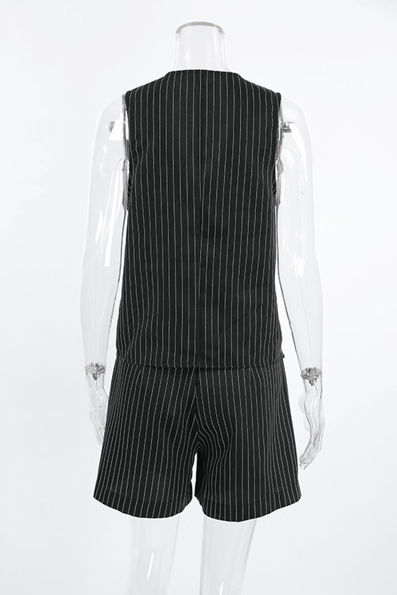 Stripe Pocket Buttons V Neck Sleeveless Two Pieces