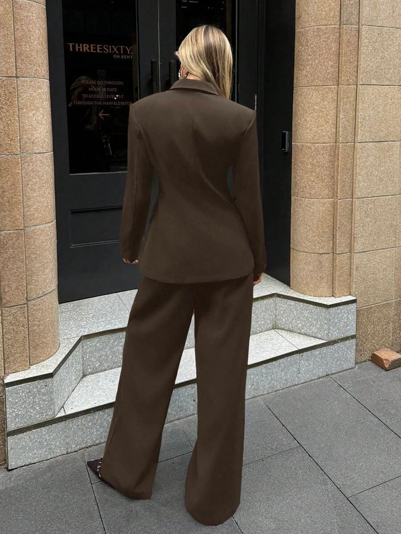Notched Collar Jacket and Pants Office Suit Coffee Brown