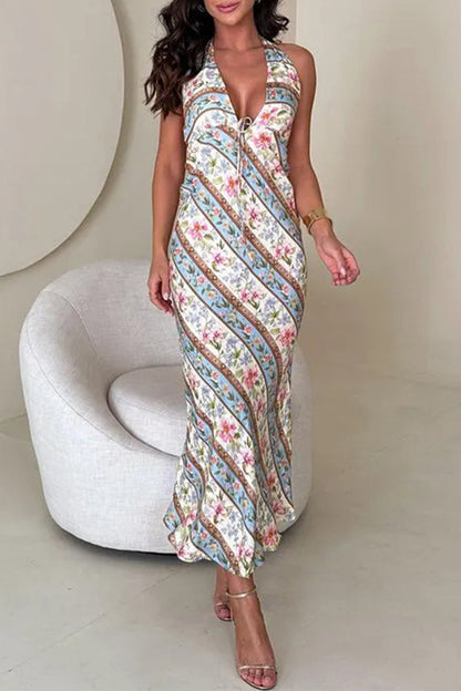 Print Lace Up Backless Contrast Halter One Step Skirt Dresses