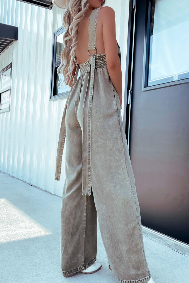 Distressed Pocket Adjustable V Neck Loose Jumpsuits