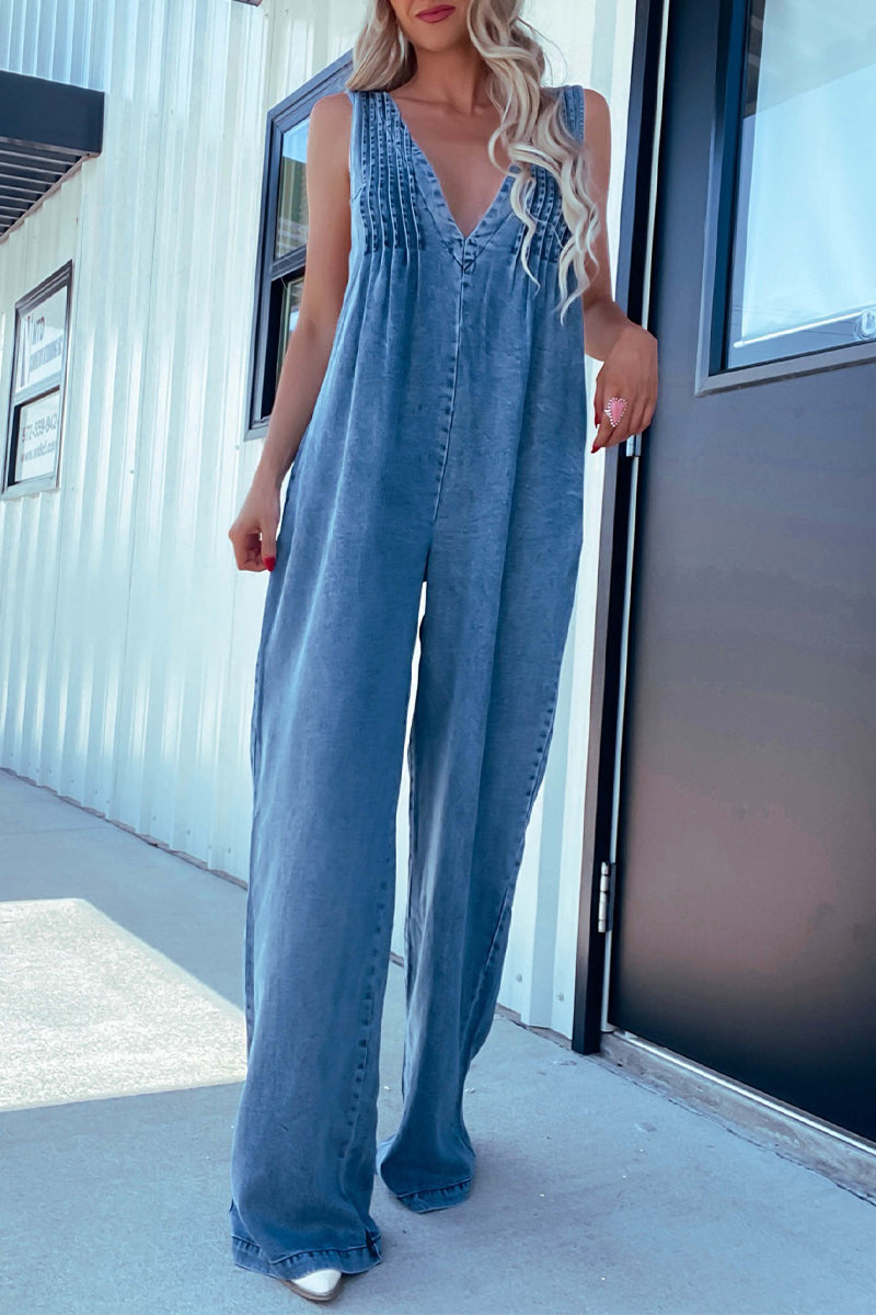 Distressed Pocket Adjustable V Neck Loose Jumpsuits