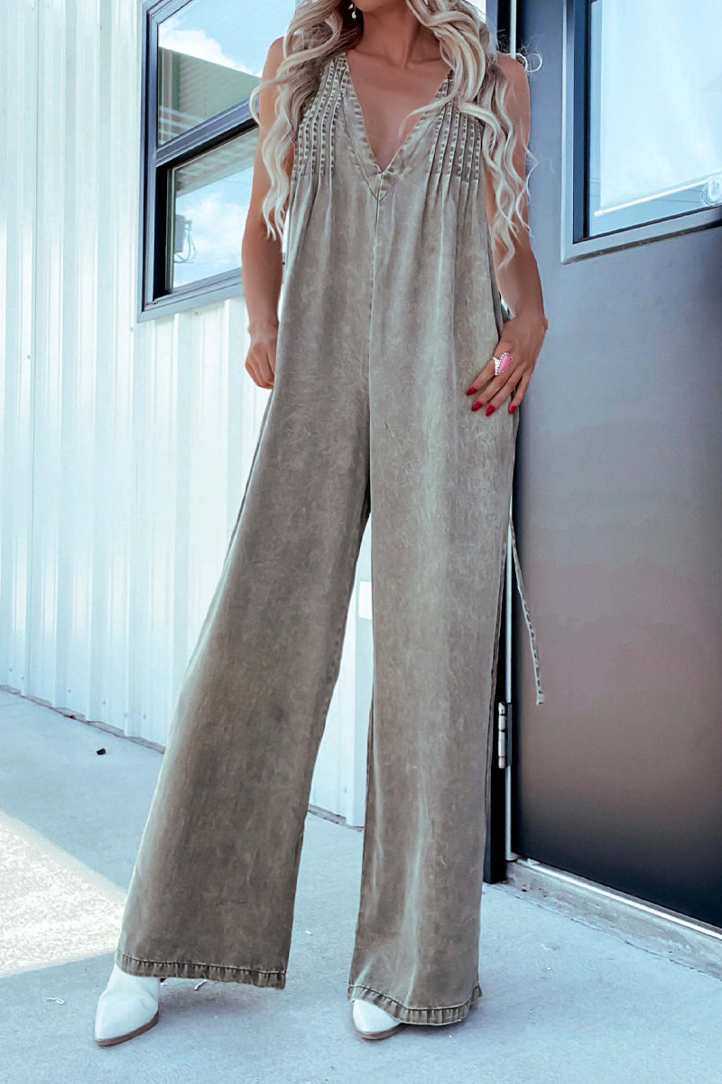Distressed Pocket Adjustable V Neck Loose Jumpsuits